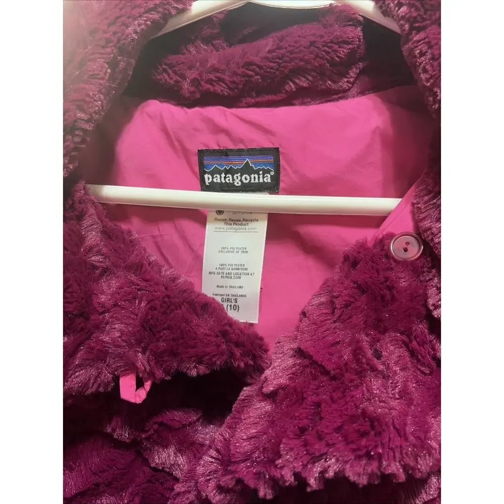 Patagonia Girls Youth Pelage Jacket Magenta Faux Fur Jacket Coat Sz 10 EUC